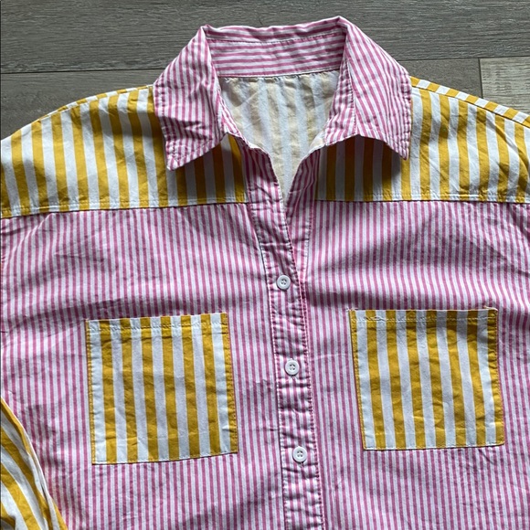 Striped Color Block Button Down Shirt Womens Sz MD Pink Yellow Summer Coastal - Picture 2 of 5